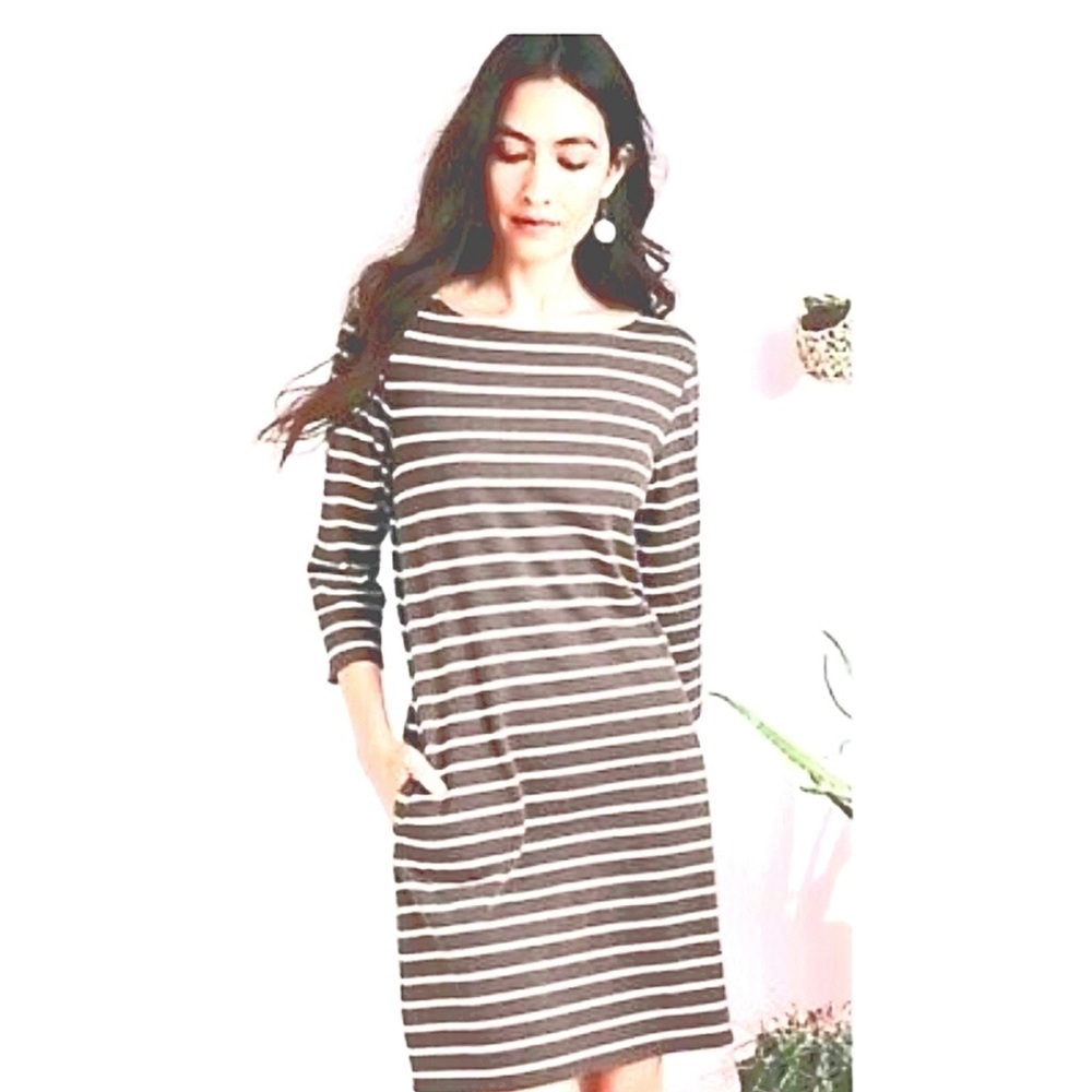 Garnet Hill Bateau Neck Taupe Stripe 3/4 Sleeve Cotton Pullover Dress Size 4